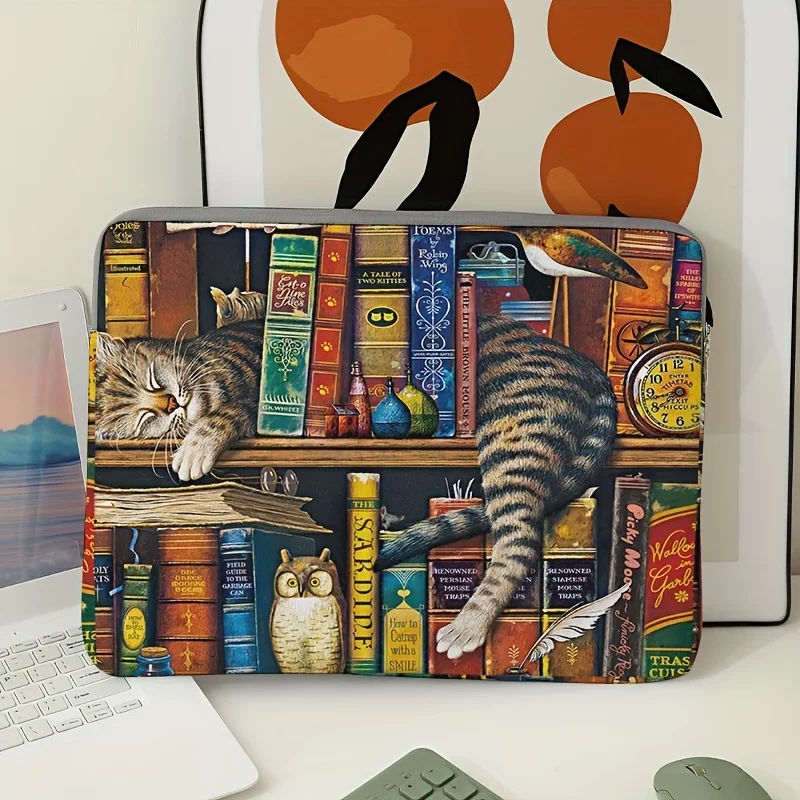 1, Laptoptasche mit Katzen- und Bücherregalmuster, Aktentasche, geeignet für 15-Zoll-Laptops, feste Laptoptasche (ohne Handgerät) – Detail 3