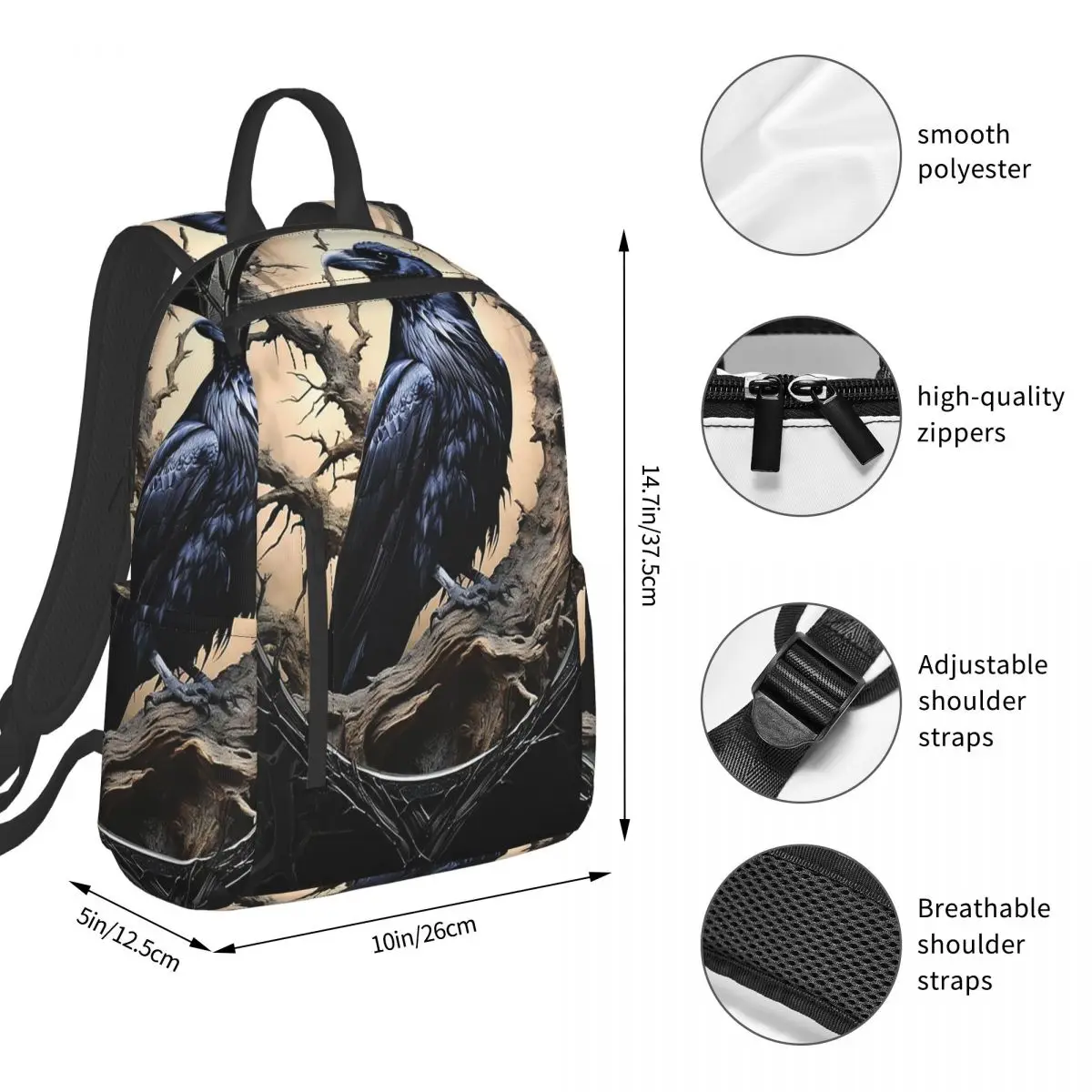 Gothic Raven On Branch Backpack Student BookBag Children School Bag Laptop Shoulder Bags Boys Girls
