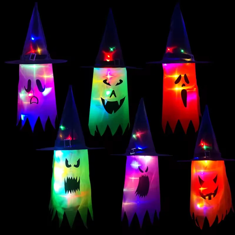 Halloween Decoration Pendant Outdoor Courtyard Eaves Railing Hanging Wizard Ghost Hat LED Pendant Light Home Bar Horror Props