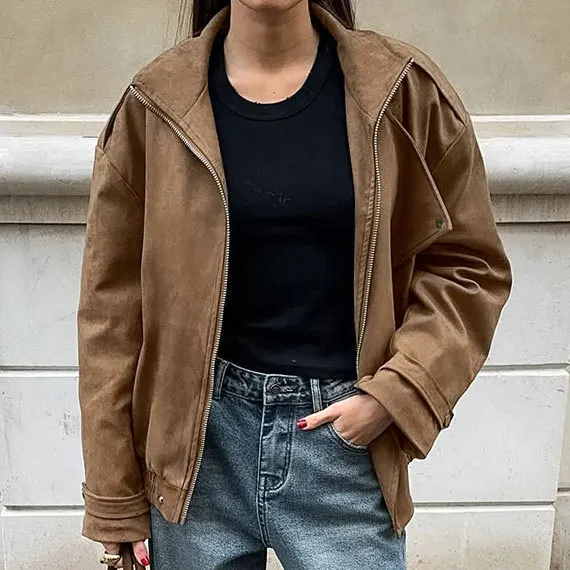 

Chic Brown FauxCropped Casual Coat Vintage Lapel Solid Zipper Short Jacket 2025 Autumn Woman New Padded Shoulder Jackets