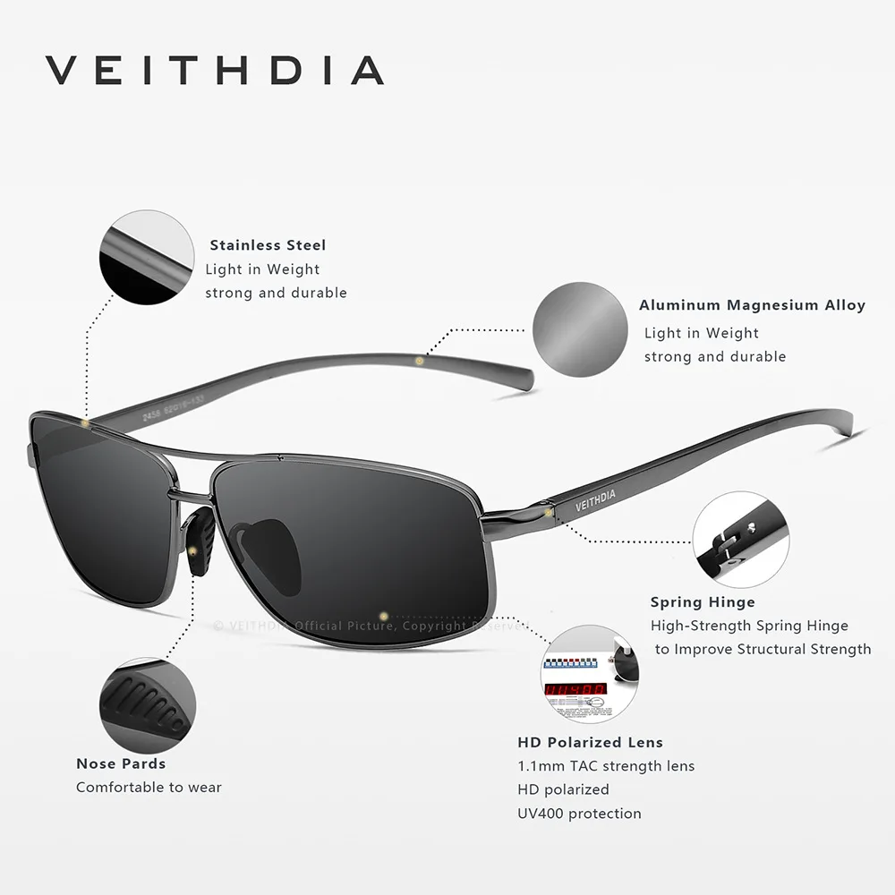 VEITHDIA Men Polarized Sunglasses Aluminum Magnesium Sun Glasses Driving Glasses Rectangle Shades For Men Oculos masculino Male