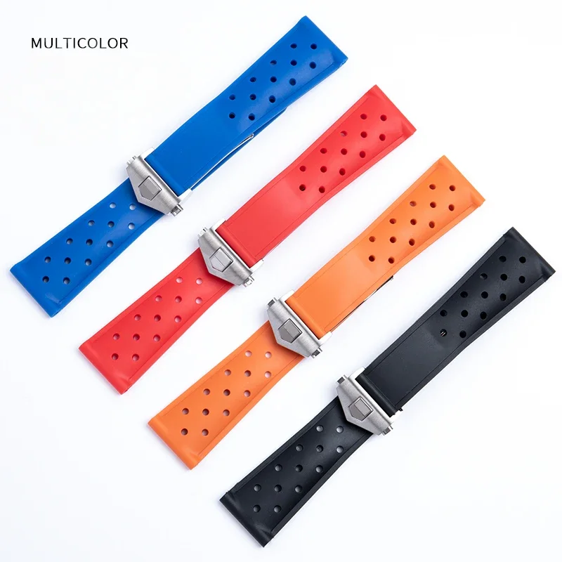 For TAG Heuer F1 Racing 22mm Replace Fold Buckle Anti-Allergy Black Red Calila Racing Rubber Double Press Buckle Watchband