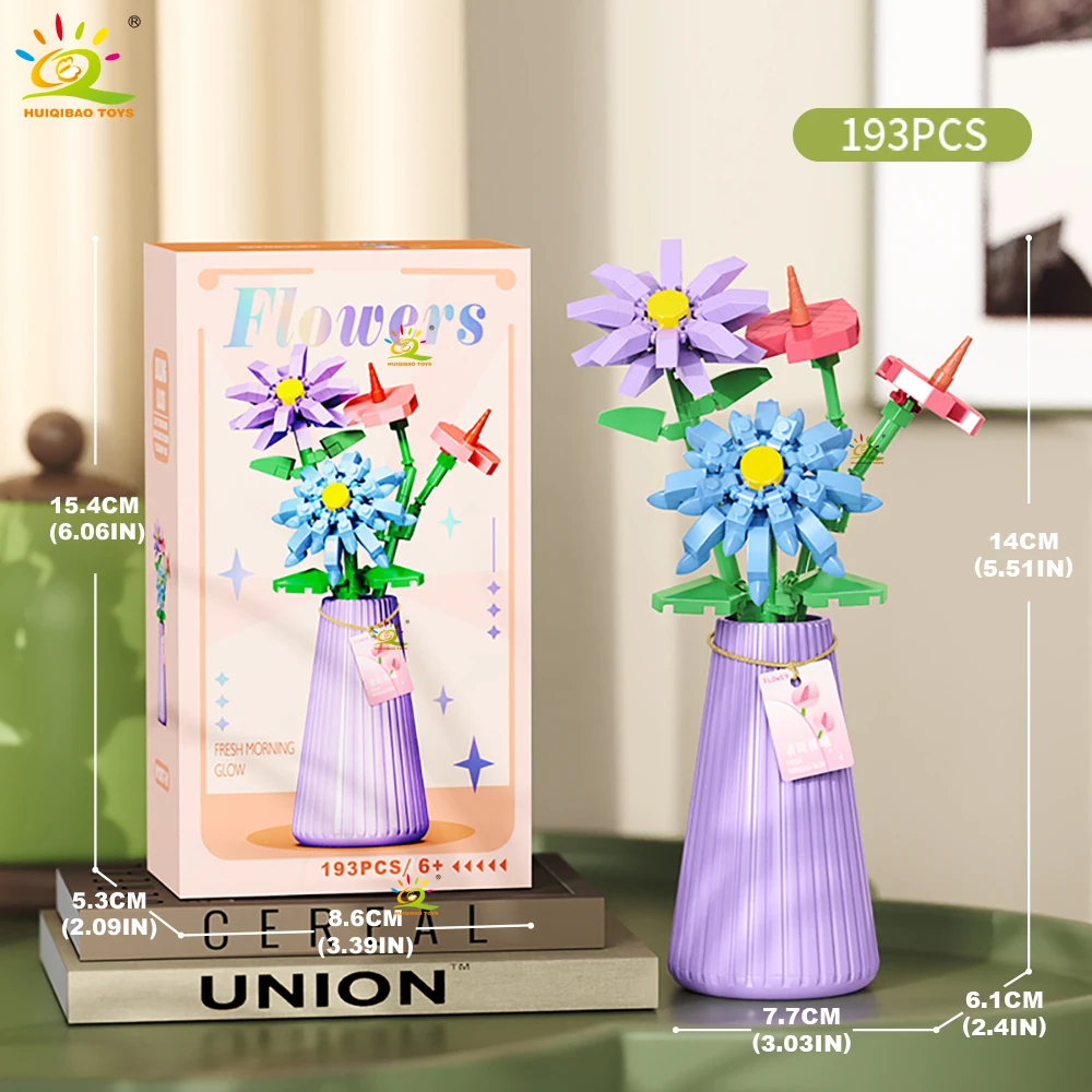 HUIQIBAO MOC باقة الزهور الأبدية مع وعاء مايكرو بنة عباد الشمس الورد نموذج صغير لعبة الطوب مكتب منزلي الديكور