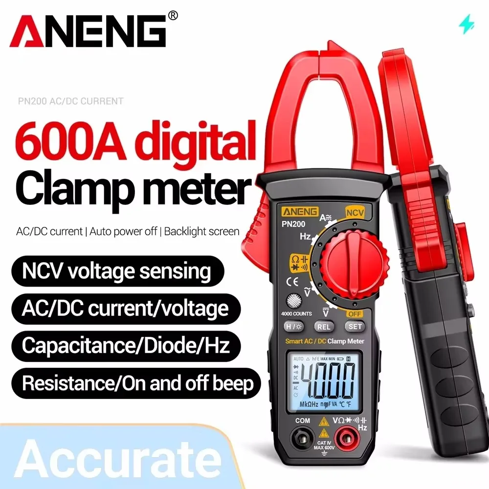 PN200 Digital Clamp Meter DC/AC 600A Current 4000 Counts Multimeter Ammeter Voltage Tester Car Hz Capacitance NCV Ohm Test
