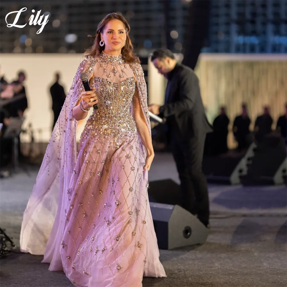 Lily Lavender Purple Prom Dresses High Neck Sheer Cape Evening Dress Rhinestone Tulle Party Dress vestidos de fiesta Customized