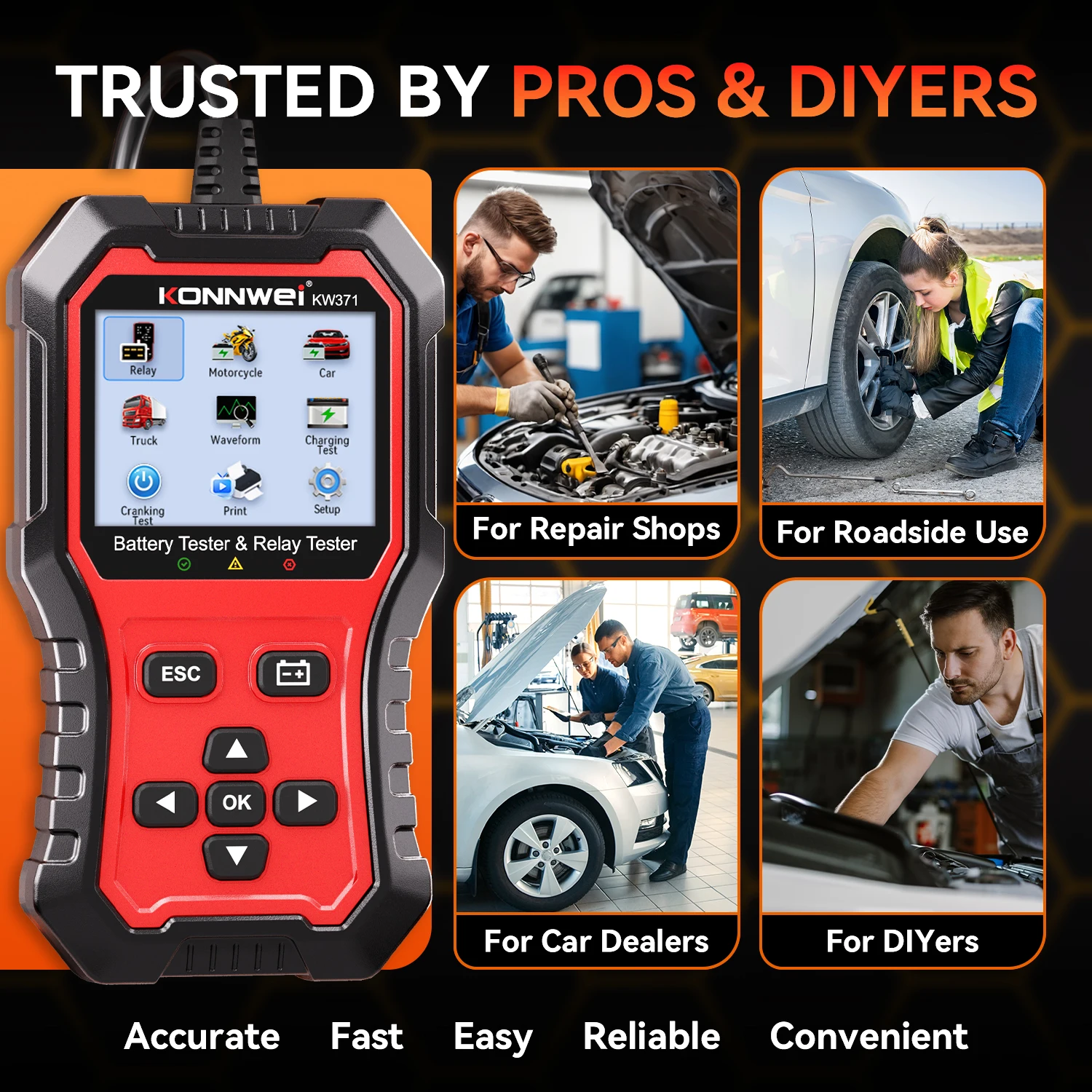Picture 6: 2026 KONNWEI KW371 2in1 Car Battery Tester & 4 Pin 5 Pin Relay Tester 6V 12V 24V Fault Data Print Start Test Charging Scan Tool