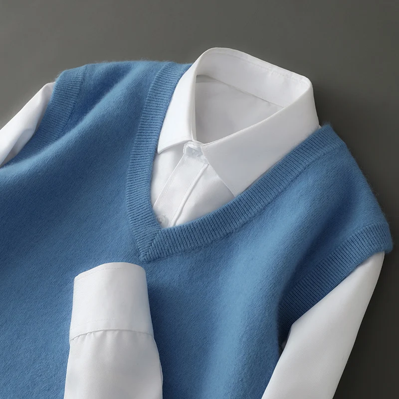 Men V-neck Sweater Vest Pullover Autumn Winter Basic Casual 100% Mink Cashmere Knitted Soft Sleeveless Waistcoat Top