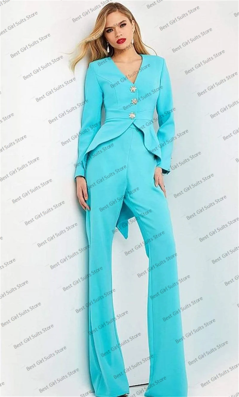 Sky Blue setelan pakaian wanita untuk pernikahan, Blazer Hi-Lo + celana Flare, gaun Prom, jaket bisnis OL kancing kristal, buatan khusus