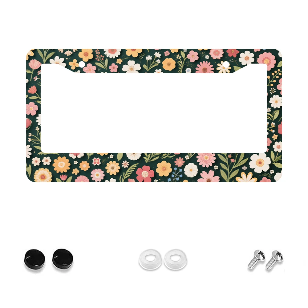 1 قطعة إطار لوحة ترخيص بنمط زهور عتيقة بفتحتين، تصميم زهرة متعدد الألوان، مادة ألومنيوم، 6 × 12 بوصة، مع طقم براغي