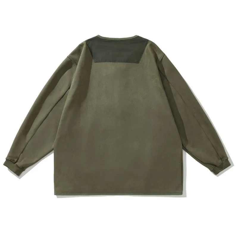 Japanese Amekaji Collarless V-Neck Suede Trim Workwear Jacket Unisex Loose Karate Kendo Martial Arts Kimono Cardigan