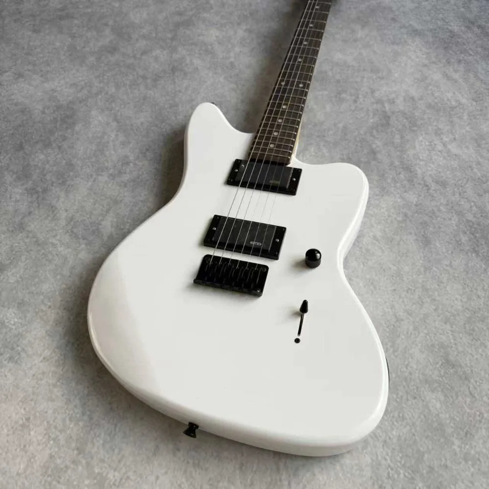 Offset 6 Strings Electric Guitar, Gloss White, HH Humbucker Pickups, Solid Body, Single Volume Control