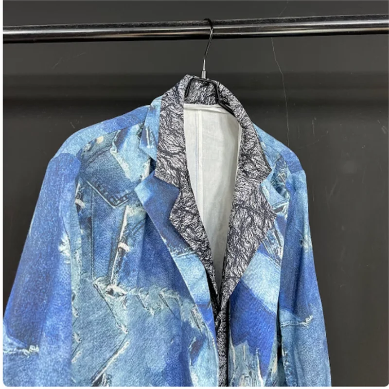 Original design Block print light blue print fake 2 single breasted suit long sleeve jacket