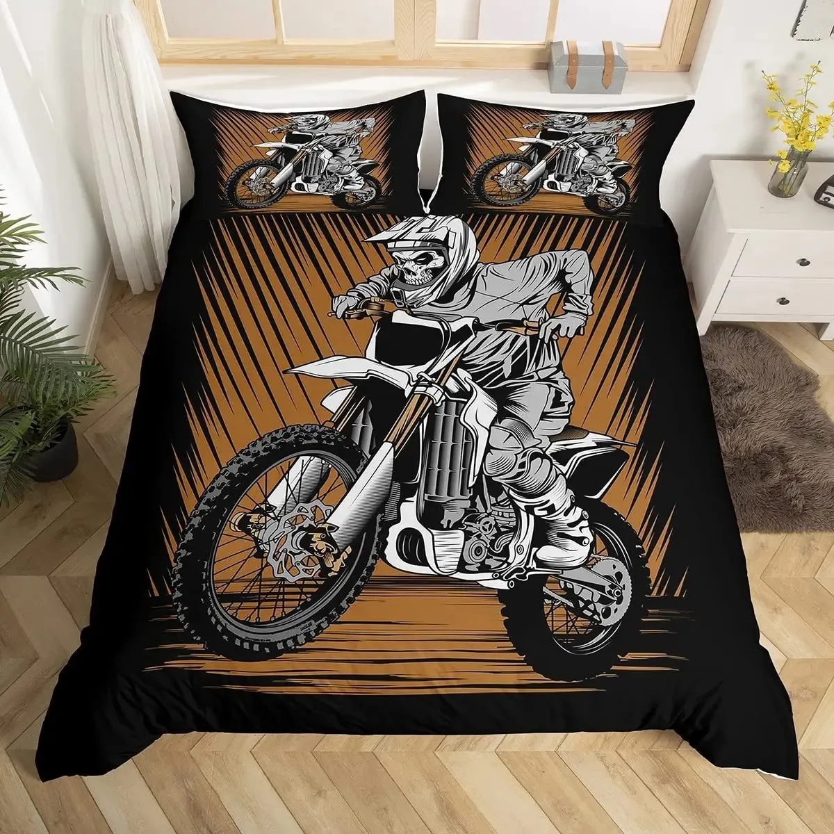 Dirt Bike Duvet Cover Set Extreme Sports Bedding Set Motocross Rider Comforter Cover Cool Motorbike Bedspread Cover Queen Size