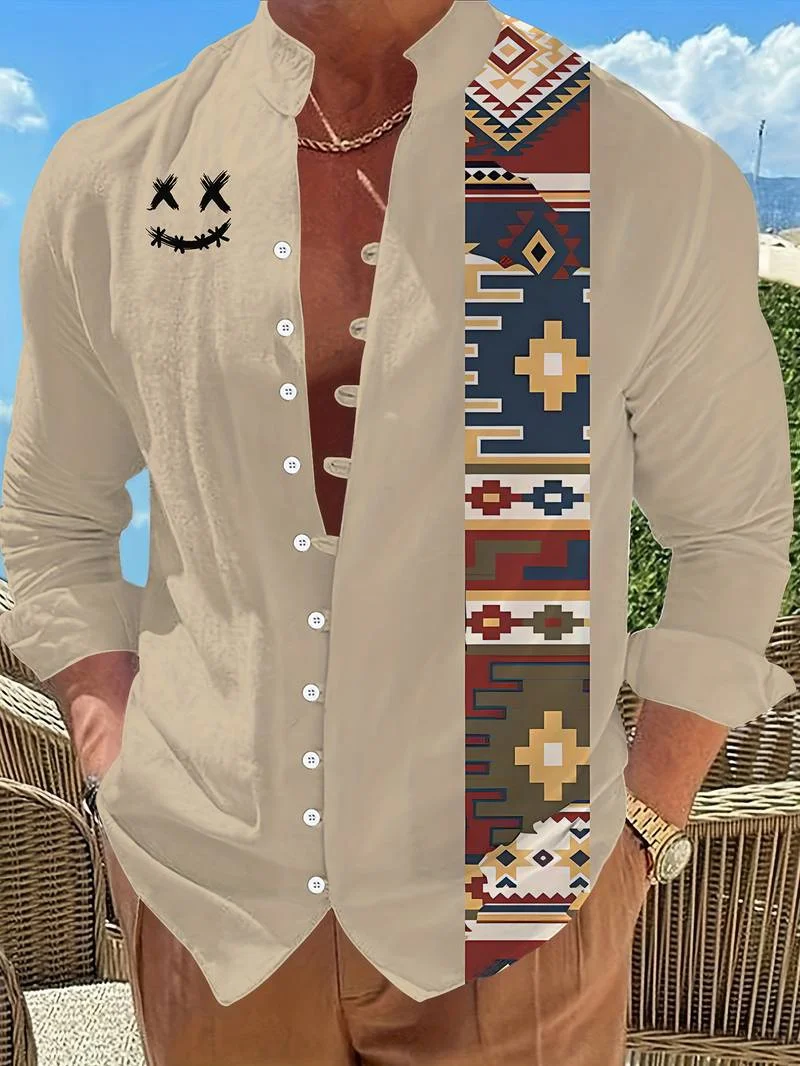 

Новая мужская льняная рубашка с длинным рукавом, модный винтажный стиль, этнический тотемный принт, удобный мужской топ