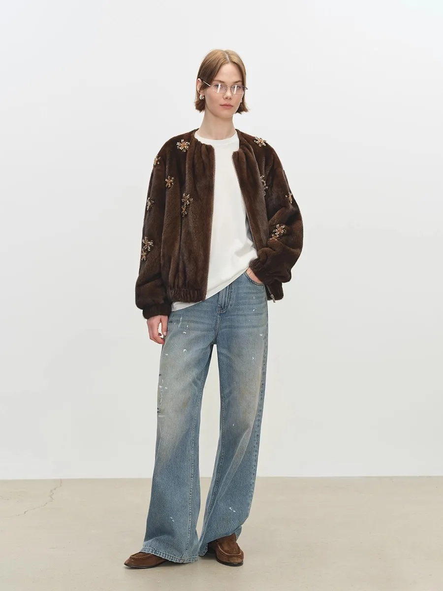 Lautaro Winter Luxury Elegant Thick Warm Soft Brown Short Faux Mink Fur Coat Women Beading Loose Stylish Chic Fluffy Jacket