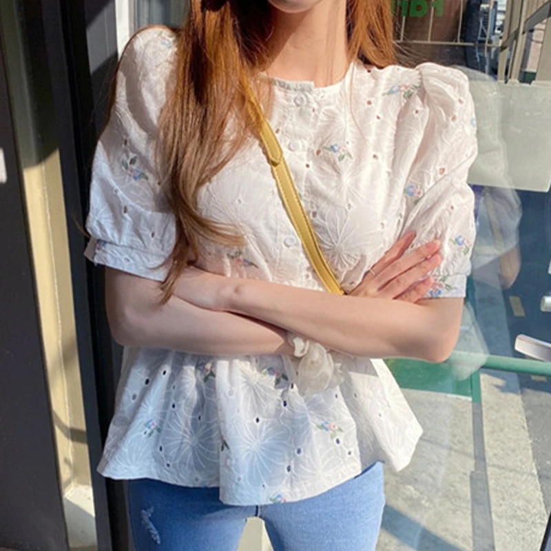 Estate delle nuove donne irt pizzo scava fuori bambola camicetta Sve coreano Sle rotondo Ne ort Sve vestibilità ampia Bubble Sve Top