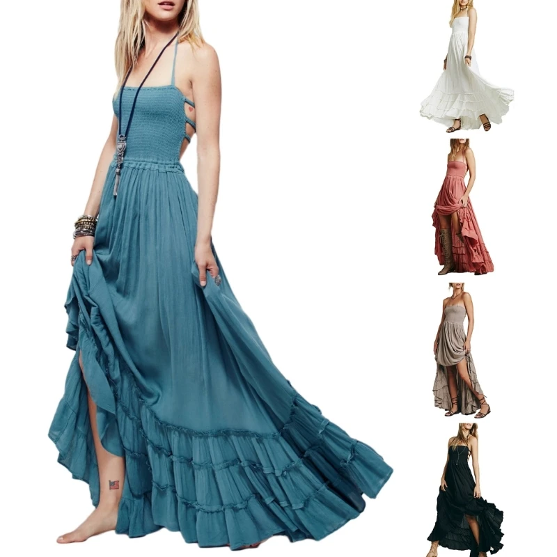 

Summer Dress Womens Solid Color Halter Strap Maxi Dress Smocked Waist Dress