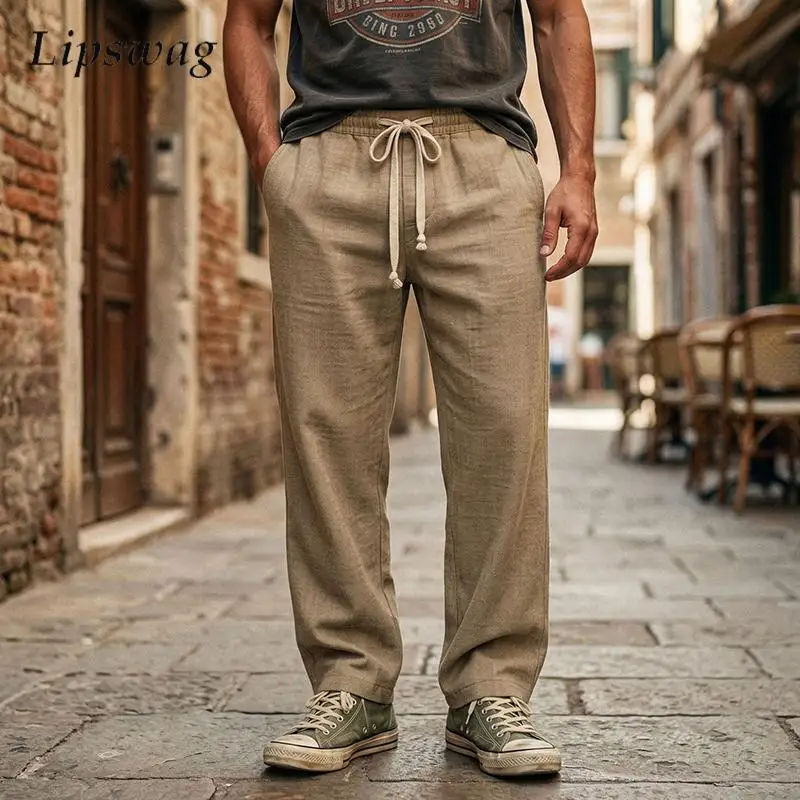 

Vintage Mens Solid Color Loose Pants 2026 Spring Summer Casual Breathable Straight Trousers Men Daily Leisure Drawstring Bottoms