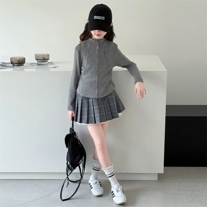 

Girls' Set 2025 New Autumn Children's Standing Collar Slim Fit Jacket Cardigan+fake Two-piece Plaid Pleated Skirt Two-piece Set