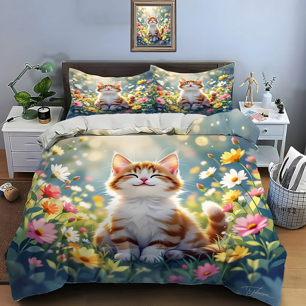 Smiling kitten in a bright flower field Print Soft Comfortable Duvet Cover Bedding Set Included 1*Duvet Cover  2*Pillowcases