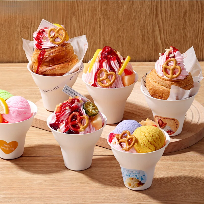 5pcs Ice Cream Cup，Dessert Cake Paper Cups，Shaved Ice Yogurt Bowl Chestnut Cup Croissant Bread Bowl for home party