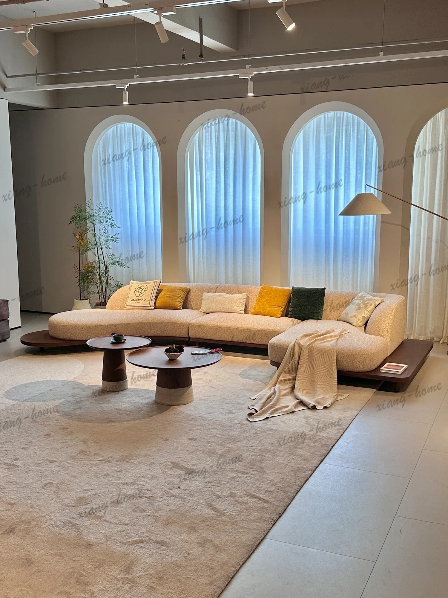 Oatmeal Boucle S Shaped Curved Sectional Sofa Left Chaise Wooden Plinth Base Pillow Backrest For Living Room Villa Bedroom Home