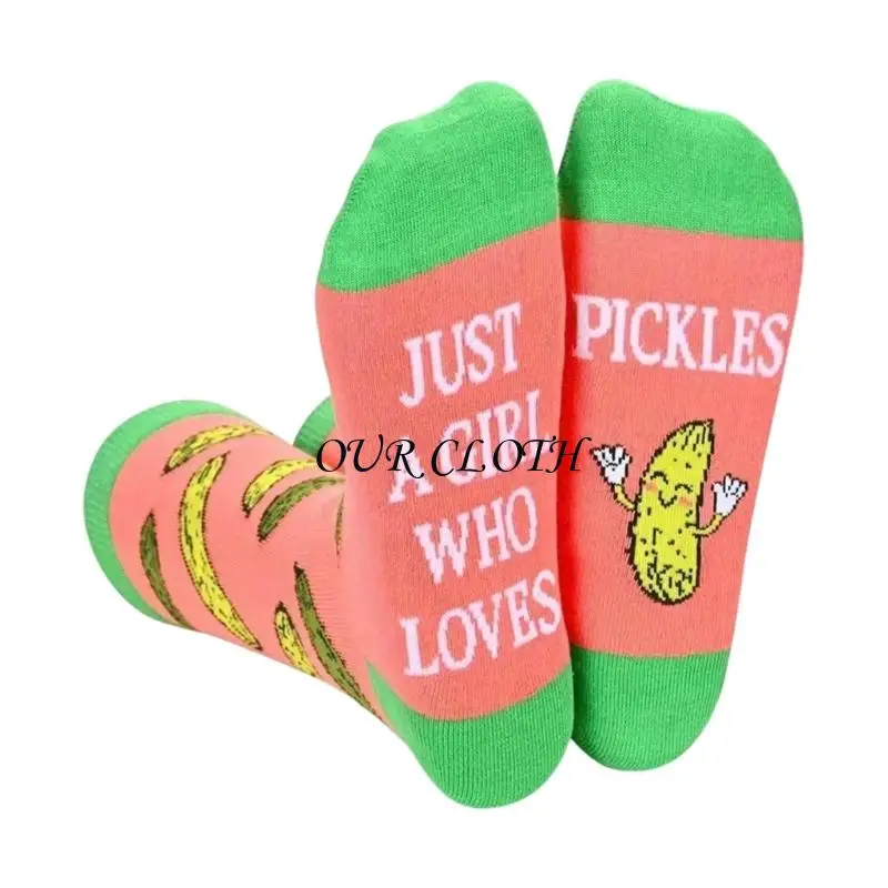 

Women's Funny Cucumber Gift Socks Creative Girl Who Love Pickles Letters Print Middle Calf Socks for Pickles Lover Y1AC