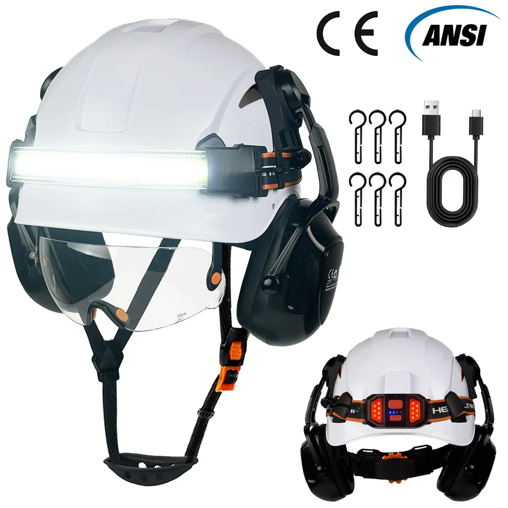 Casco de Seguridad CE con Tira de Luz LED Integrada, Gafas Protectoras y Orejeras, Construcción Ligera de ABS, Casco de Seguridad para Trabajo Nocturno