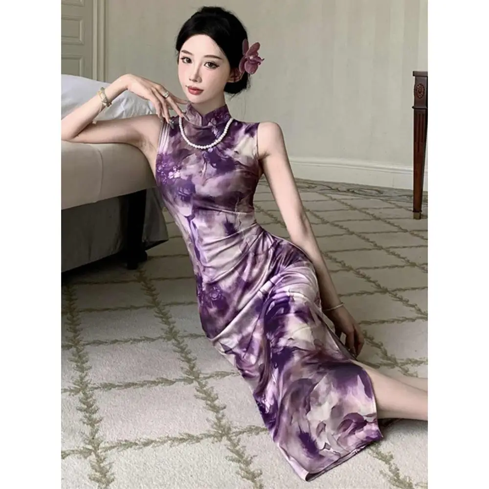 تشيباو الصينية الجديدة الرجعية ، شيونغسام طباعة بلا أكمام ، فستان ضيق متطور الصيف النساء القديمة شنغهاي شيونغسام
