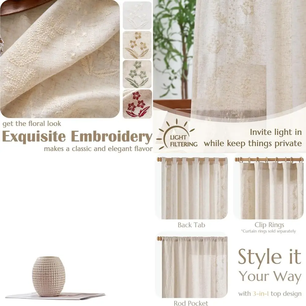 Zasłony z mieszanki lnu w kolorze kości słoniowej, długość 108 cali, haftowane w stylu wiejskim, zestaw 2 paneli do sypialni lub salonu