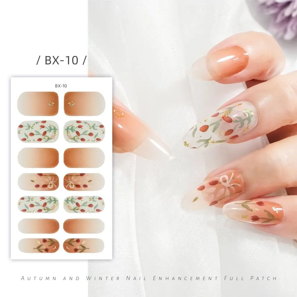 14 Strips Semi Cured Gel Nail Stickers Full Cover French Nail Art Gel Nail Polish Strips Floristic Glittering Nail Art Stickers