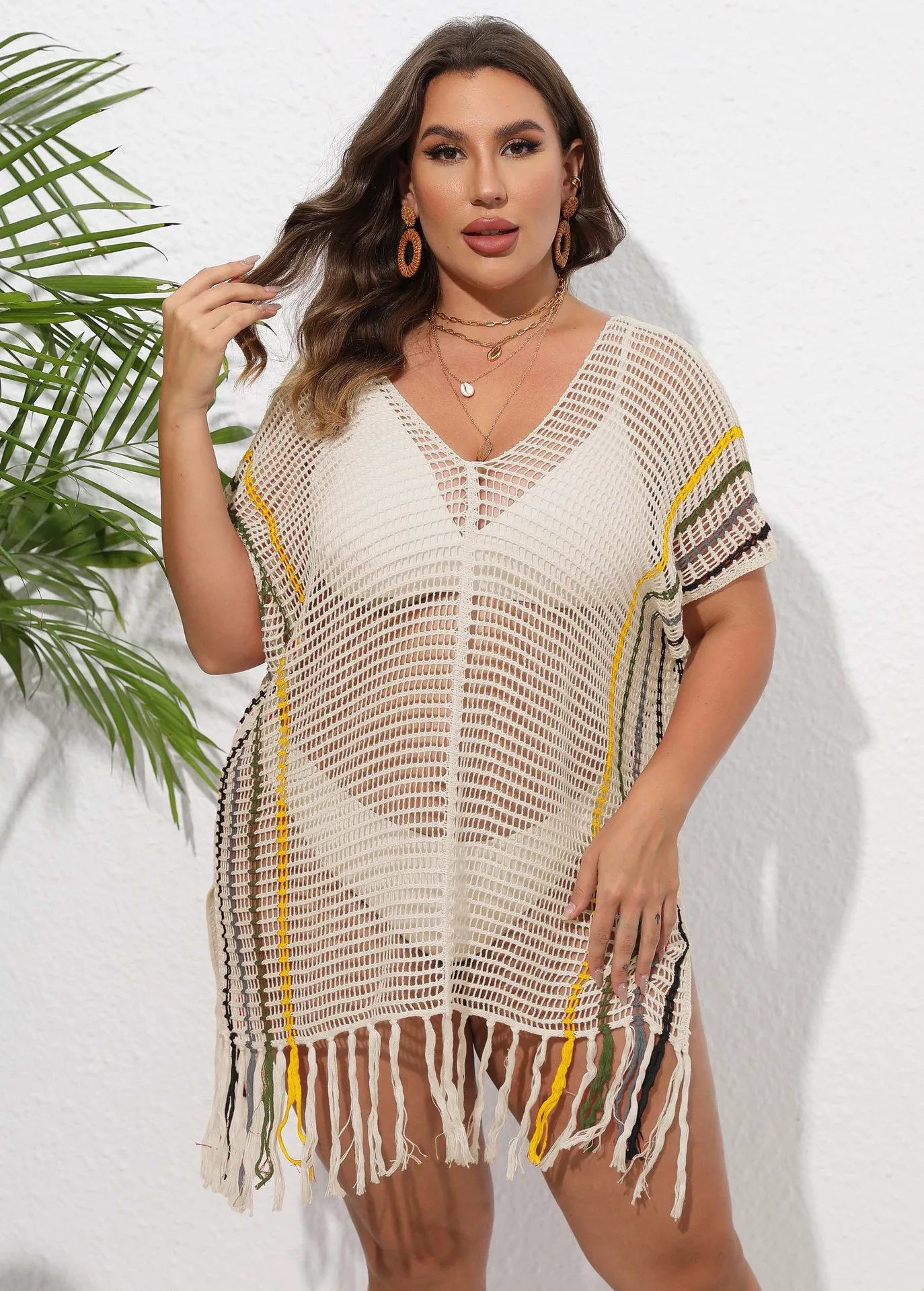 

Women Vacation Blouse Plus Size Striped Colorblocking Splicing Dress Large Female Beach Bikini Outer Wear Mesh Top One Size