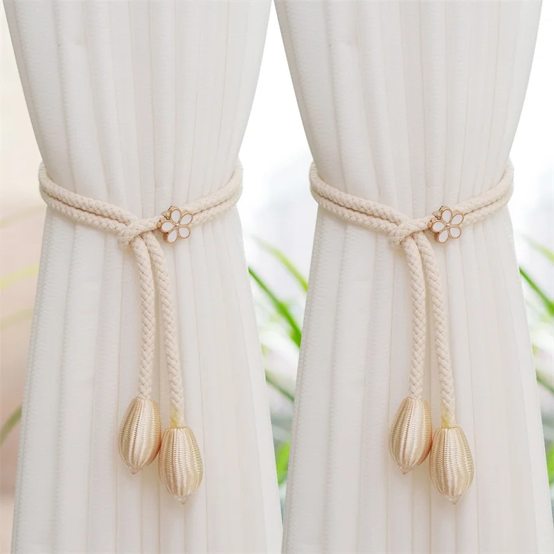 2pcs Flower Curtain Tiebacks Buckle Adjustable Curtains Tieback Straps Rope Weave braid Tassels Hanging Home Decoration Curtain