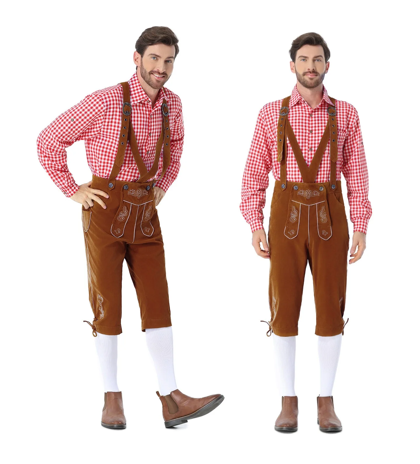 Vintage Bayerisches Lederhosen-Outfit für die Familie, Weißes Karohemd, Bestickte Hosenträgerhose, Oktoberfest-Party-Cosplay-Kostüm – Detail 14