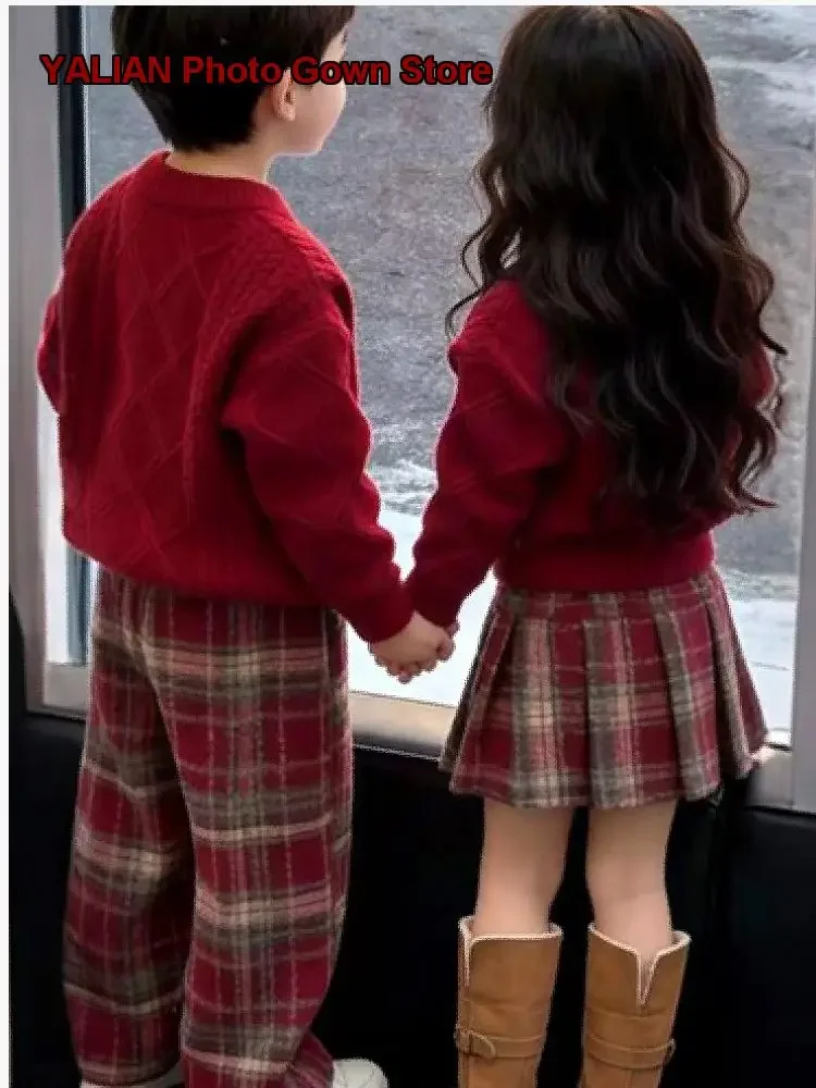 Boys Girls Sibling Matching Outfit Kids Autumn Winter 2026 Cable Knit Plaid Skirt and Pants