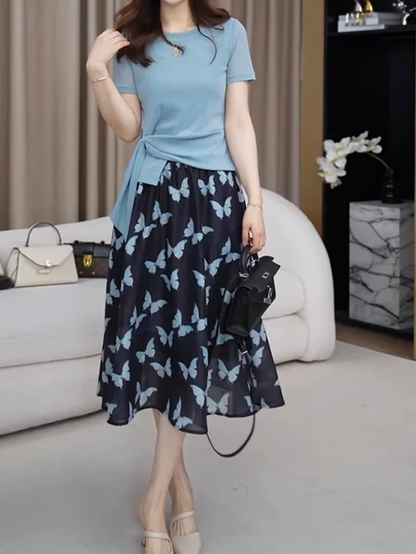 

Unique Beautiful Summer Women's Faion Slim Fit ort Sve Top And A-Line Skirt Breathable Elastic Waist Set