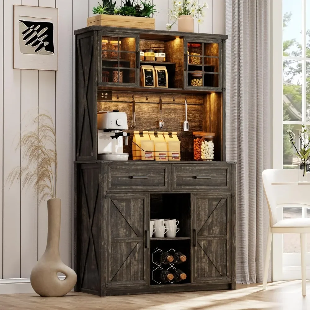 

Bar Cabinet with LED Lights & Power Outlets, Large Kitchen Buffet with Hutch & 2 Large Drawers, 8 Storage Shelves