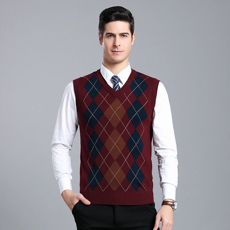 

Men Plaid Wool Jumper Spring & Autumn Sleeveless Sweater Vest Casual V-Neck Knit Clothing Pullover Sweater