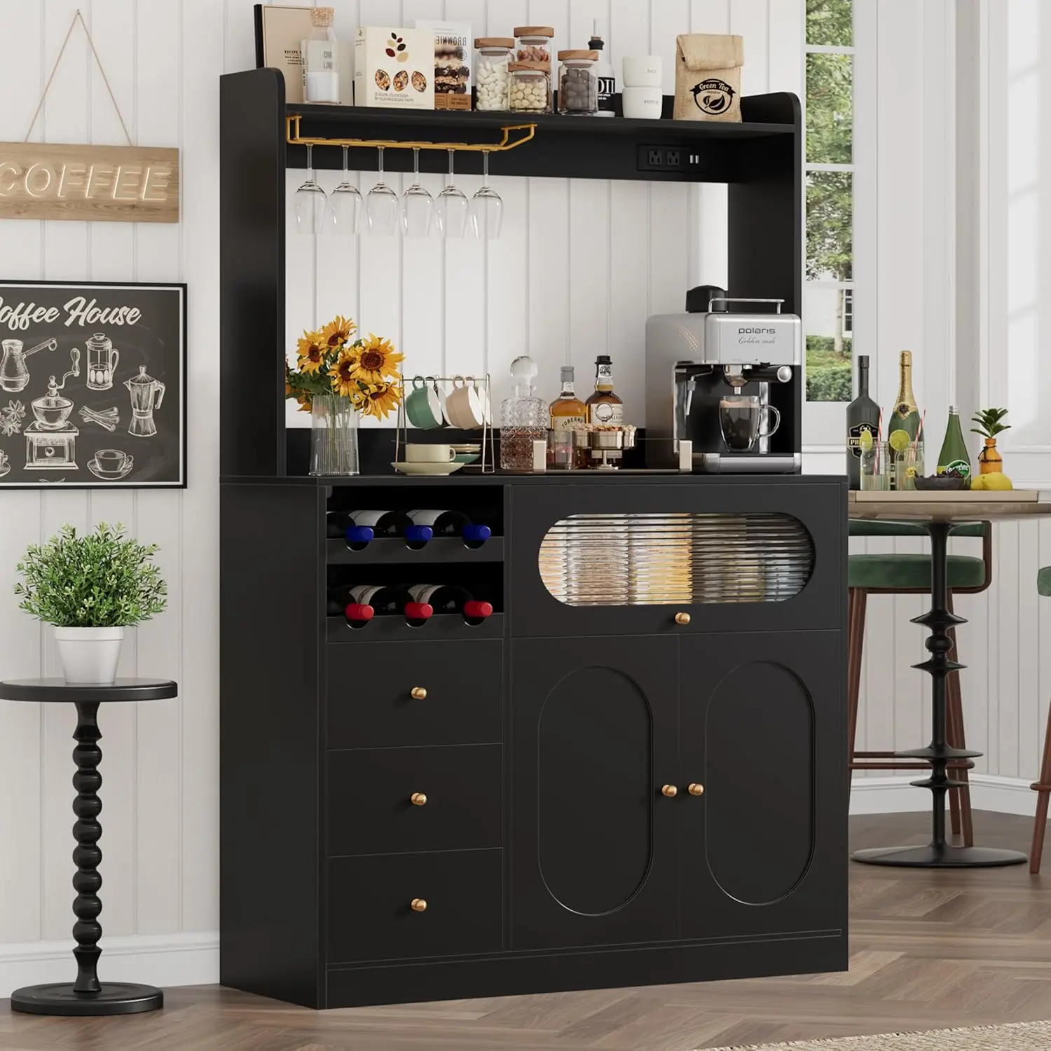 

Kitchen Pantry Storage Cabinet With Hutch, Buffet Cabinet With Storage, Coffee Bar Cabinet With Power Outlets, Microwave Stand,