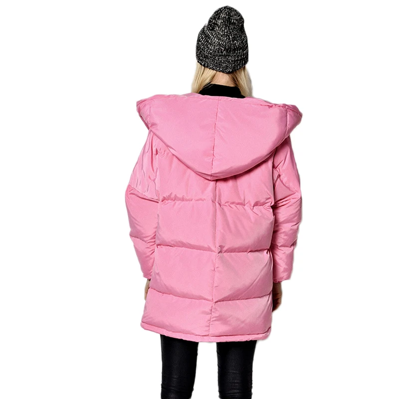 FTLZZ Winter Women Jackets 90% White Duck Down Parkas Loose Hooded Coats Medium Long Warm Casual Pink Snow Outwear