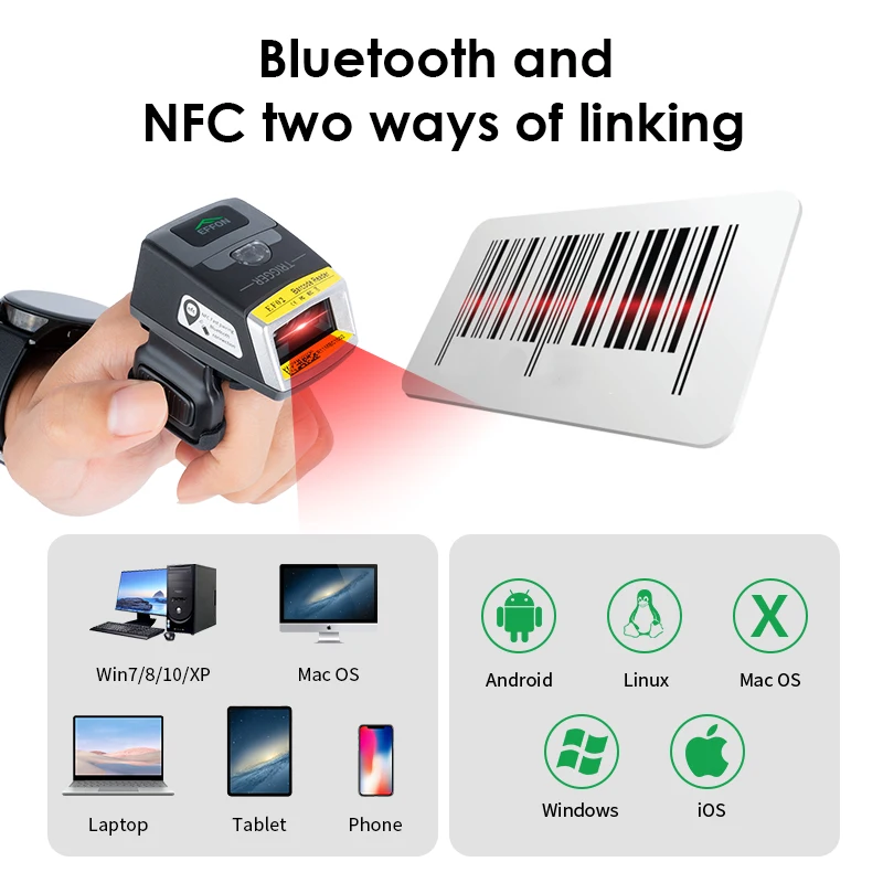 Effon Ring 1D 2D BT CMOS Industrial Logistic Finger Barcode Scanner in Stock for Logistic Sorting Airport Airport Baggage Scan