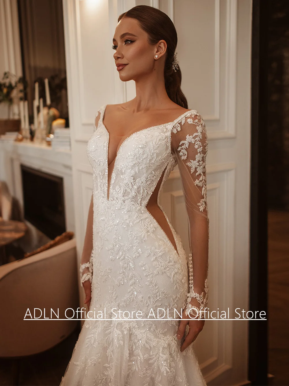 Glitter Mermaid Wedding Dress Customized Sexy V Neck Illusion Full Sleeves Sequined Applique Court Train Corset Bridal Gown