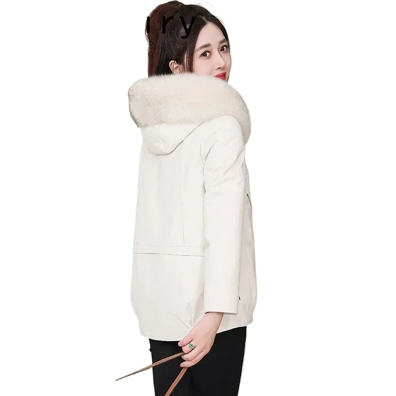 Genuine Sheepskin Leather Jacket for Women 2024 New Winter Korean Style Down Coats Luxury Fox Fur Collar Fur Jaqueta Feminina
