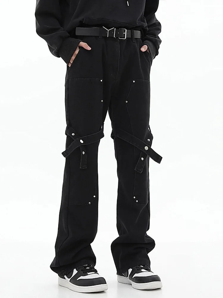 

American Retro Design High Street Tie Micro Flared Straight Leg Denim Jeans Unisex Casual Black Workwear Pants INS