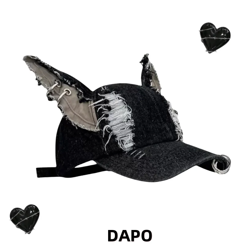 

New Y2K Wasteland Style Personalized Hoop Cowboy Ripped Baseball Hat Women's Three-Dimensional Ears Street Peaked Cap