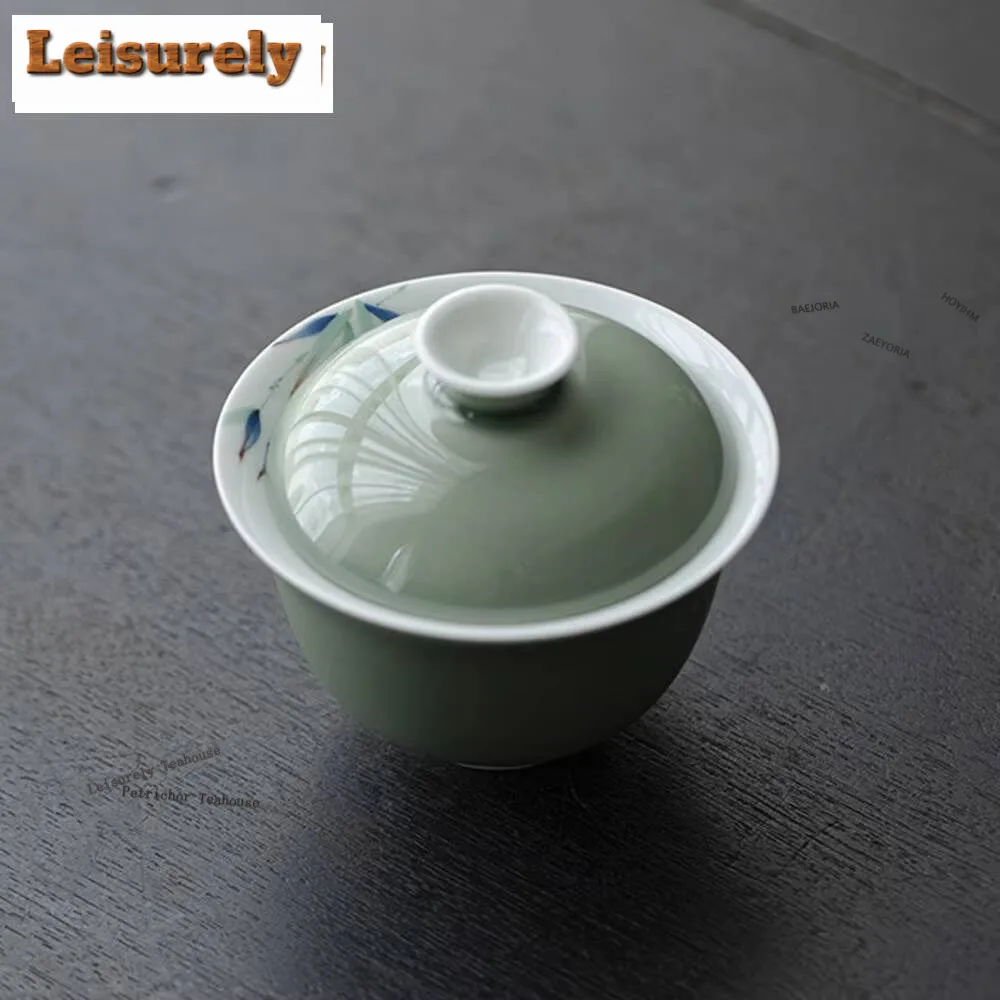 

135ml Green Plum Cover Bowl Boutique Hand-painted Bamboo Gaiwan Vintage Tea Tureen Tea Brewing Chinese Teaset Decoration Gifts
