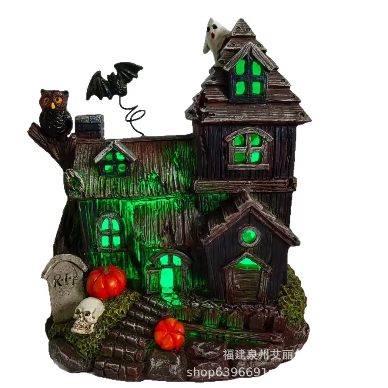 

Haunted House Figurine with Bat Ghost Pumpkin for Halloween Decor Lighted Resin Village Statue with Light for Party Table Deco