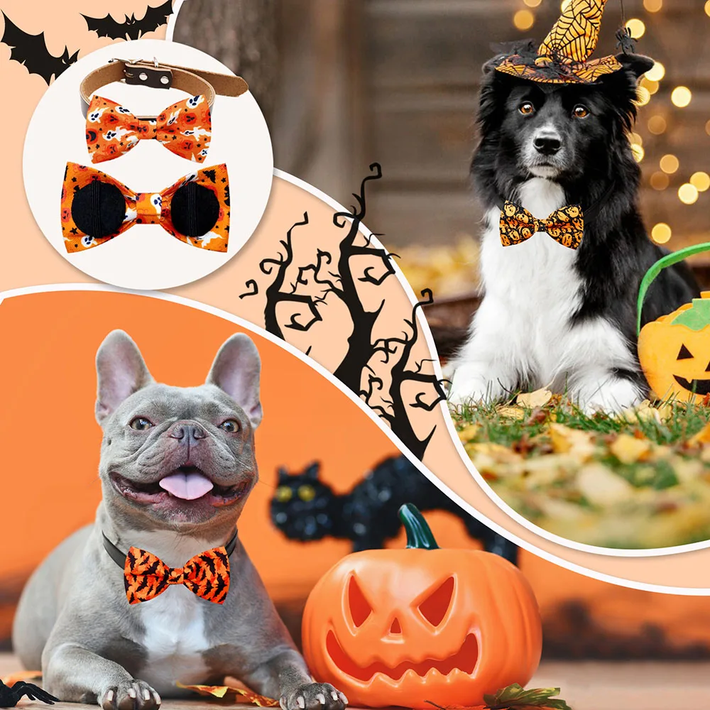 10PCS Pet Halloween Party Dog Bow Tie Skull Print Funny Pet Collar Bowties For Dogs and Cats Bulk Pet Grooming Accessories