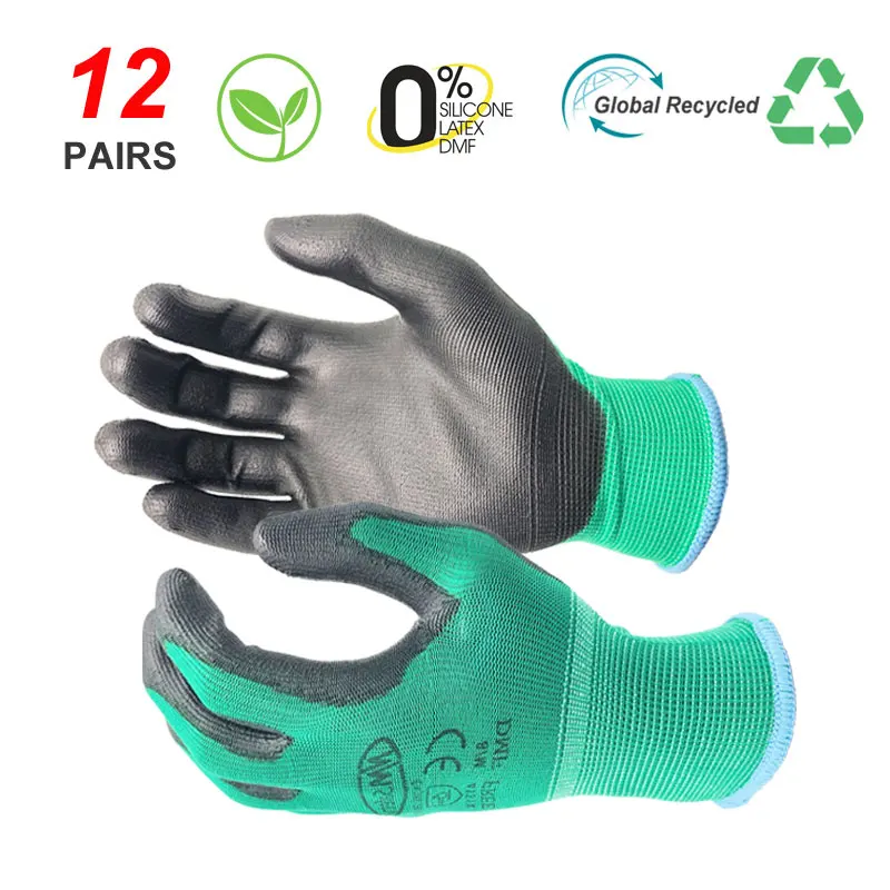 

NMSafety 2023 New Gardening Protective Security Gloves Knitted Green Nylon Dipped PU Rubber Safety Work Gloves.