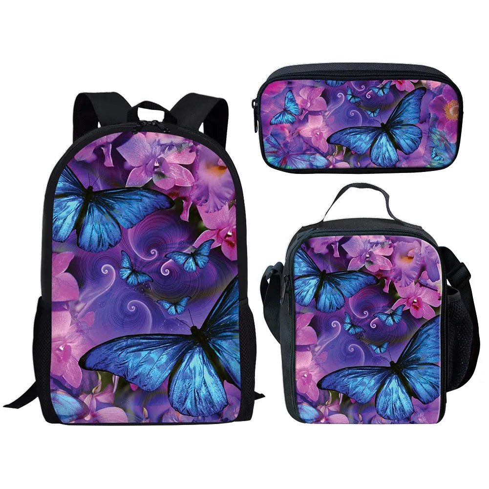 Classic Fashion novità Funny butterfly 3D Print 3 pz/set borse da scuola per studenti zaino per Laptop zaino per pranzo astuccio per matite